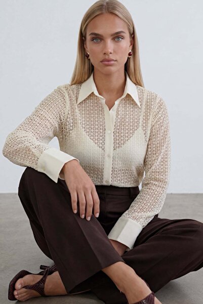 Trend Alaçatı Stili Πουκάμισο Premium με διακόσμηση από λινό βανίλια και γκαρ...