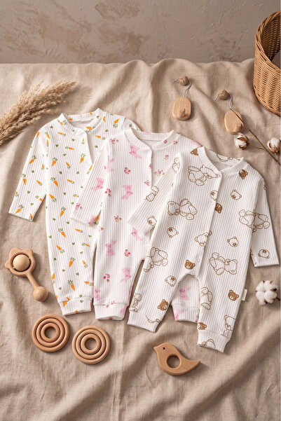 Noone Cute Rabbit, Bear and Carrot Patterned 3-Piece Ribbed Baby Romper Set -...
