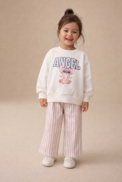 CHİCKİDSWEAR Kız Çocuk Angel Baskılı Sweatshirt Pantolon Takım Rahat Kalıp