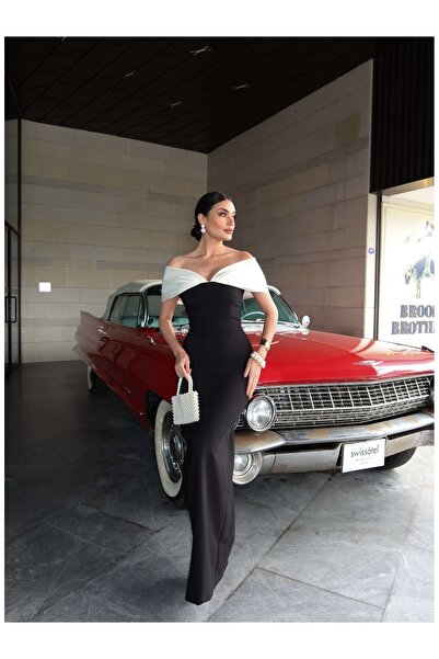 ESRAHELVACI Συλλογή EH Βραδινό Φόρεμα με Σατέν Γιακά σε Αντίθεση