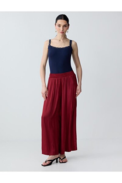 Jimmy Key Μπορντό ψηλόμεσο σατέν μακρύ υφαντό παντελόνι με φαρδιά μπατζάκια