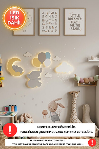 Dekorvin Oskar Set Bulutlar 4lü Set Gece Lambası Bebek Çocuk Odası Fil Duvar ...