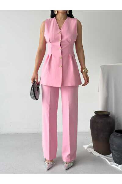 Moda İkra Κομψό και μοντέρνο σετ δύο τεμαχίων με χρυσά κουμπιά, αμάνικο μακρύ...