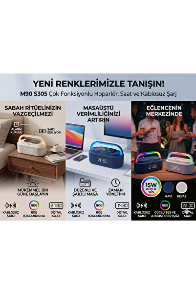 M90 Pro Çok Fonksiyonlu Çalar Saatli Bluetooth Hoparlör ve Kablosuz Şarj İsta...