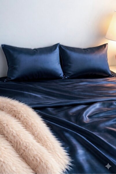 Cherry Bloom Cotton Σετ 2 μαξιλαροθήκες σατέν σε μπλε ναυτικό με φερμουάρ 50x70