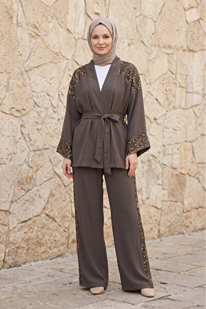 FERHEL Γυναικείο κομψό σετ με παντελόνι κιμονό με παγιέτες και ζώνη - Γήινο