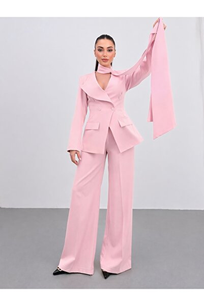 ossons Σετ Ζακέτας Διπλού Στήθους σε Ροζ Πούδρα Premium με Δέσιμο στο Λαιμό