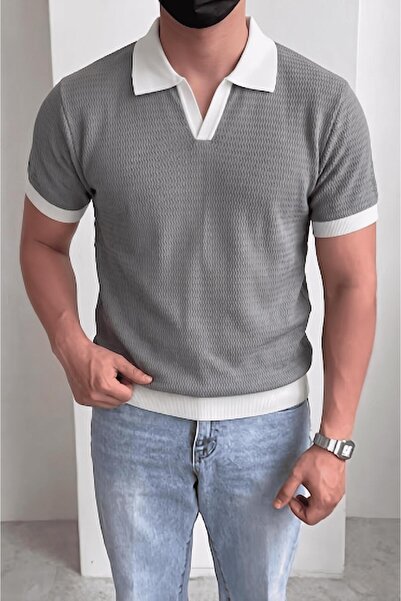 Oksit Ανδρικό πλεκτό μπλουζάκι Cube Slim Fit Jacquard με λαιμόκοψη πόλο - Πλε...