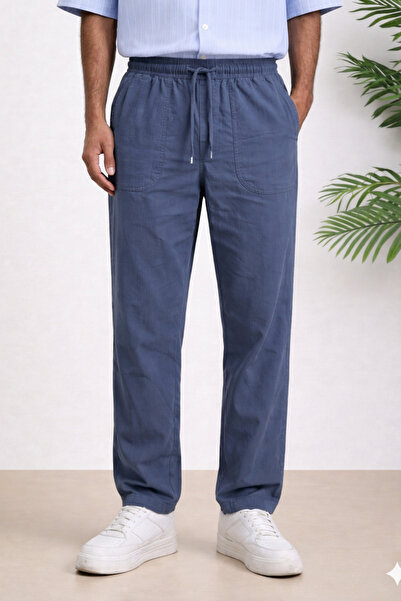 Tarz Cool Indigo Color Men's Summer Linen Blend Relaxed Pants