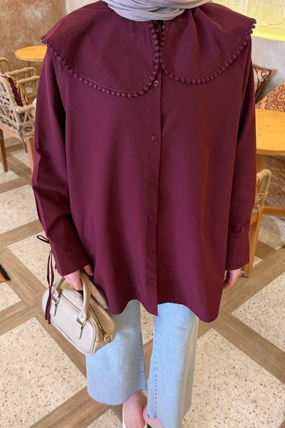 lamelif Baby Collar Lace Detailed Shirt Burgundy