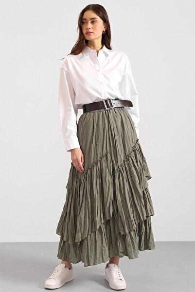 Olcay Ελαστική Φούστα με Πιέτες και Στρώσεις ΧΑΚΙ 7076