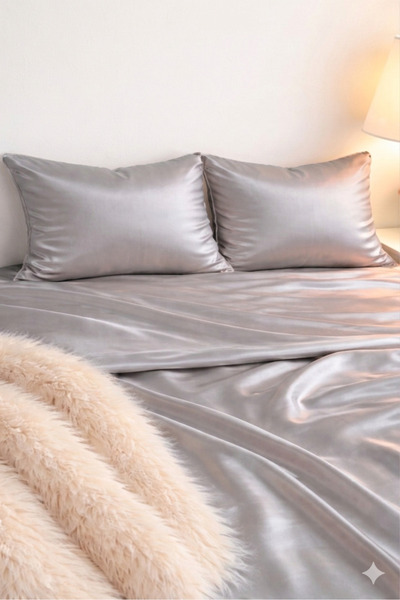 Cherry Bloom Cotton Σετ 2 γκρι σατέν μαξιλαροθήκες με φερμουάρ 50x70