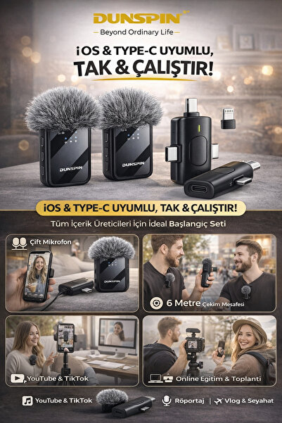 NOVAREX Global Dunspin SK-697 Kablosuz Yaka Mikrofonu – Çift Mikrofon, iOS & ...