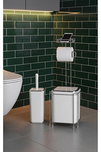 Saule HGY Home Kare Yedekli Standlı Beyaz Krom Çöp kovası ve Wc Fırçalık Seti