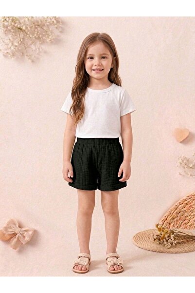 MORNİNG KİDS Girl's White Combed Cotton T-Shirt-Black Muslin Fabric Shorts Set