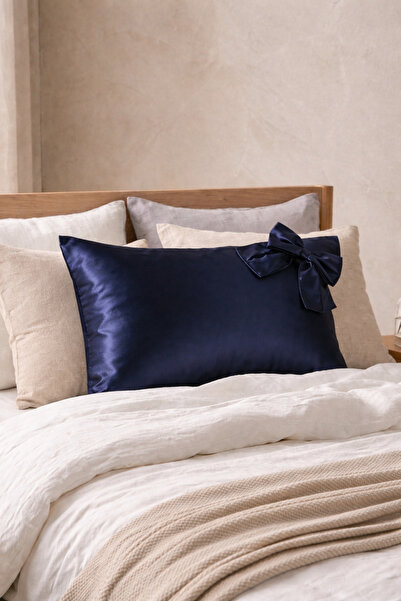 Cherry Bloom Cotton Μαξιλαροθήκη σατέν με μπλε ναυτική κορδέλα και φερμουάρ 5...