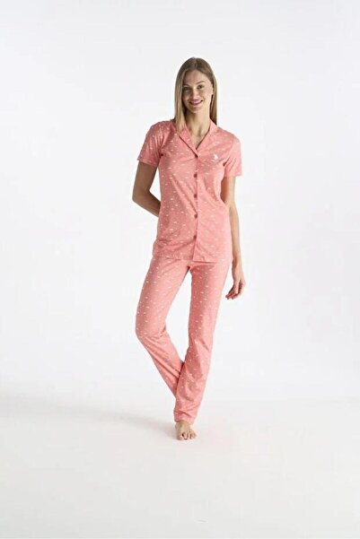 U.S. Polo Assn. 20233 Salmon Cloud Patterned Buttoned Half Sleeve Shirt Pajam...
