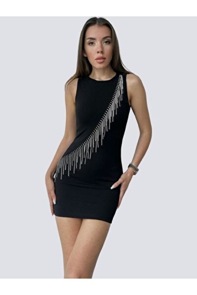 Ezgi Nişantaşı EZGI NISANTASI Μαύρο Φόρεμα Μίνι με Αλυσίδες Αμάνικο Ελαστικό