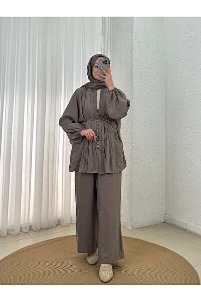 MİHRA STORE Σετ παντελονιού με μπαλονωτό μανίκι και ριμπ σχέδιο Busem-EK835 Β...