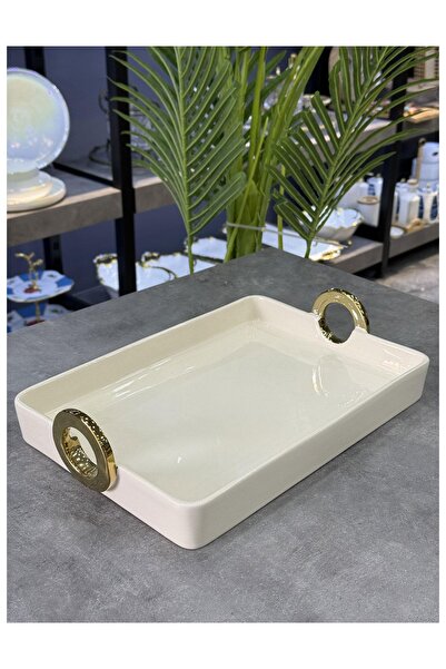 Doğudeko Archer Luxury Rectangular Gold Presentation Plate with Handle