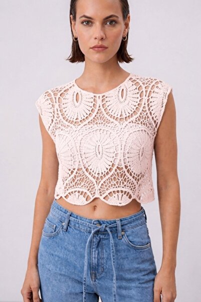 Cistern İstanbul Γυναικεία δαντελωτή κεντημένη κοντομάνικη πλεκτή μπλούζα