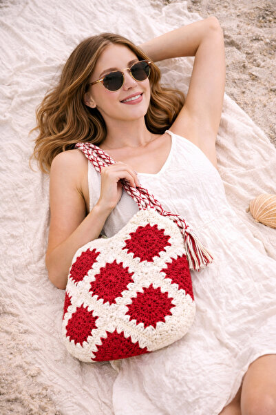 Rabona Fashion Red and White Bohemian Hand Knitted Women's Shoulder Bag