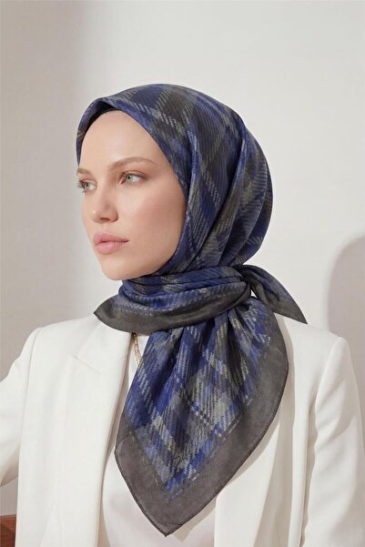 Silk Home Κασκόλ Βισκόζης Βελόρα Τεσσάρων Εποχών με Καρό Σχέδιο Καπνού 90x90