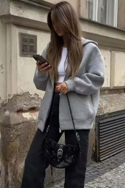 BALİNA Gri Melanj Kalın Kumaş Y2K Unisex Kapüşonlu Hırka