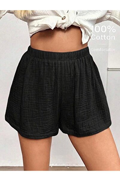 LOUİSA Women's Black Woven Muslin Fabric Comfortable Fit Shorts