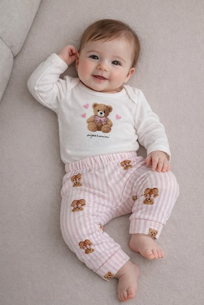 My Babies Label طقم بناتي مكون من قطعتين بنقشة دب لطيف - بودي قطني وبنطلون مخطط