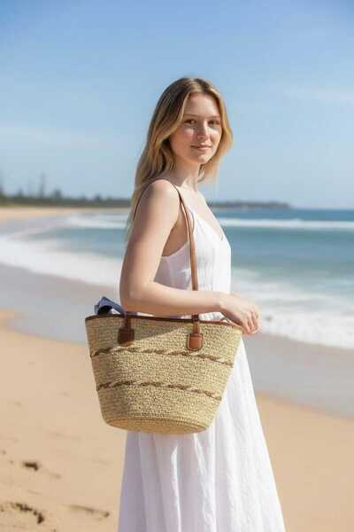 Aware Time Γυναικεία τσάντα ώμου με ψάθινη επένδυση και φερμουάρ