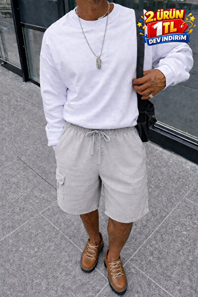 DAMGA JEANS Ανδρικό καλοκαιρινό σορτς Cargo Pocket Regular σε γκρι λινό χρώμα