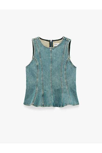 Koton Βαμβακερή αμάνικη τζιν μπλούζα με φερμουάρ και ραβδώσεις