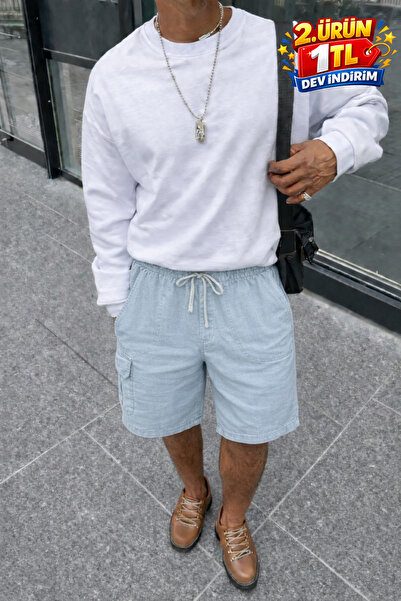 DAMGA JEANS Ανδρικό καλοκαιρινό σορτς Cargo Pocket Regular A. Μπλε λινό σορτς