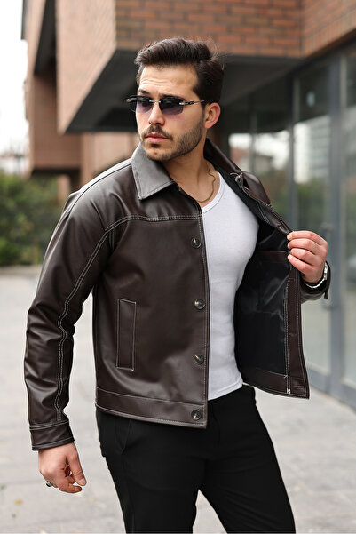 BASEL.CO Αθλητικό κομψό δερμάτινο μπουφάν με λεπτομέρεια ραφής