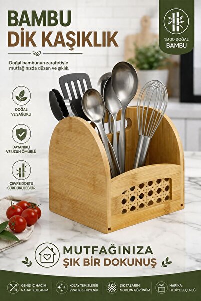 Funny Life Οργανωτής για κουτάλια από μπαμπού με 2 θήκες, Βάση για κουτάλια κ...