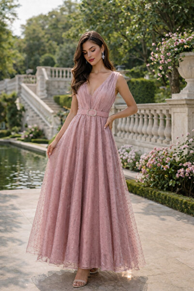 Divin store Κομψό γαλάζιο φόρεμα από οργάντζα με πουά.