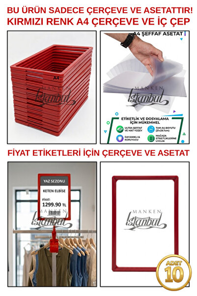 Manken İstanbul 10 قطع إطار بطاقة أسعار أحمر مقاس A4 وجيوب داخلية من الأسيتات...