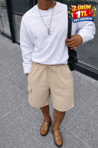 DAMGA JEANS Ανδρικό καλοκαιρινό λινό σορτς με τσέπες Cargo σε κανονικό μπεζ χ...