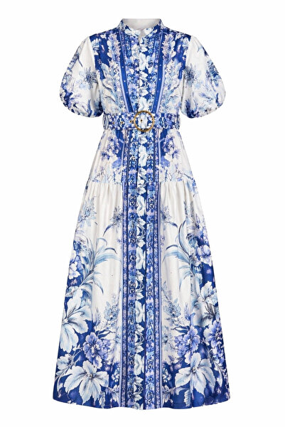 HAZELANNA Μπλε φόρεμα με λουλουδάτο σχέδιο και ζώνη με χρυσή αγκράφα