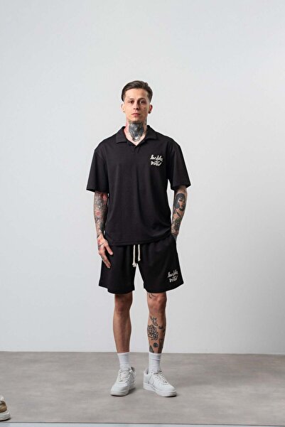 Respire Men's La Dolce Vita Written Regular Fit T-Shirt Shorts Set Black