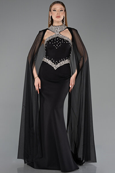 Abiyefon Siyah Taşlı Straplez Yaka Peplum Uzun Balık Abiye Elbise ABU5866