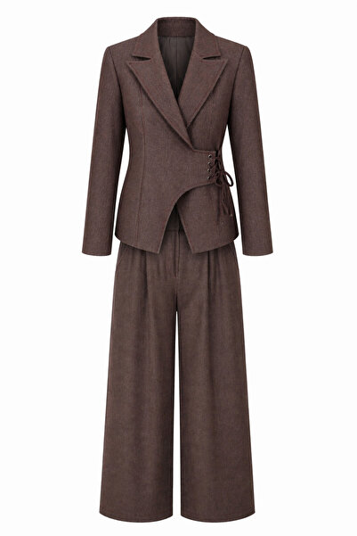 HAZELANNA Σετ Καφέ Μπλέιζερ-Παλάτσο με Λεπτομέρεια Μάτι Πουλιού