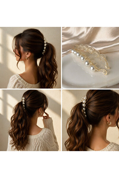 BeyzHal Pearl Figured Banana Clip Transparent Hair Clip Women's Pearl Detaile...