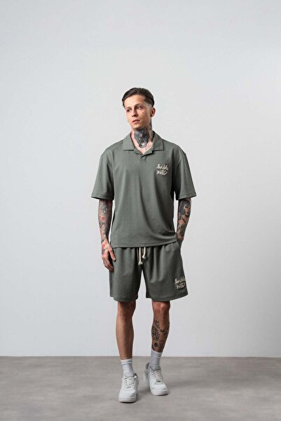 Respire Men's La Dolce Vita Written Regular Fit T-Shirt Shorts Set Khaki