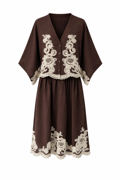 HAZELANNA Κεντητό Σετ Πουκάμισο-Φούστα σε Καφέ Χρώμα