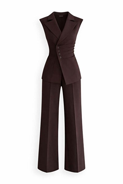 HAZELANNA Σετ Γιλέκο Διπλό Σταυρωτό και Παντελόνι με Πλισέ σε Καφέ Χρώμα
