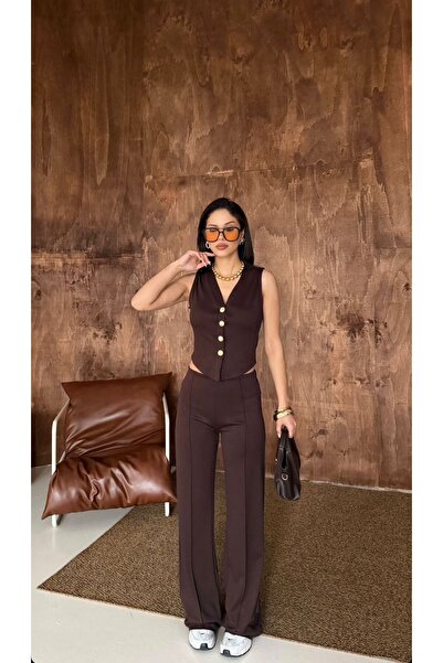 Melesh Gold Button Detailed Modal Fabric Vest Set