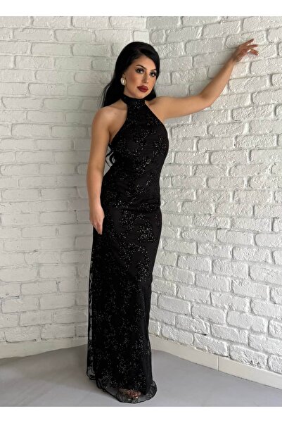 moneta boutique Γυναικείο μακρύ φόρεμα με λαιμόκοψη halter και λαμπερή γκλίτερ