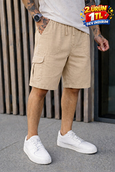 DAMGA JEANS Ανδρικό σορτς Trend με χαμηλή μέση γραμμή, φαρδύ, μπεζ λινό, με τ...